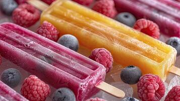 ai généré Frais fruit sucettes glacées sur une blanc tableau. fruit sucettes glacées, kiwi, fraise, orange. sucré désert Contexte. photo