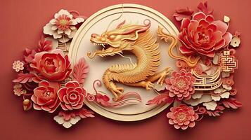 ai généré content chinois Nouveau année le dragon zodiaque signe avec fleur, lanterne, asiatique éléments or papier Couper style. photo