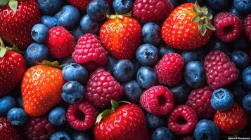 ai généré mélanger de baies tel comme des fraises, myrtilles, et framboises arrangé astucieusement pour une éclater de Couleur Contexte. photo