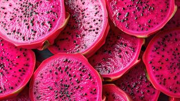 ai généré étourdissant Contexte avec tranches de vibrant dragon fruit arrangé artistiquement, capturer le exotique faire appel et rafraîchissant teintes, plein de cadre, Frais ambiance, Haut de voir, dragon fruit photo