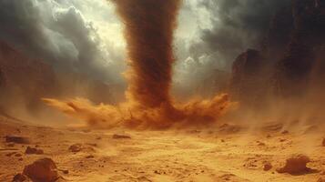 ai généré une le sable tornade dans le milieu de une brillant désert pendant le jour, avec le sable qui passe par le air. photo