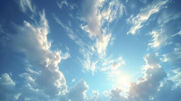 ai généré une clair bleu ciel scène avec une Piste de vaporeux cirrus des nuages et bien céréales. photo