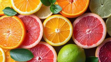 ai généré un élégant Contexte avec tranches de divers agrumes des fruits comme des oranges, citrons, et citrons verts arrangé artistiquement pour une fraîcheur. photo