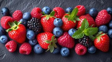 ai généré mélanger de baies tel comme des fraises, myrtilles, et framboises arrangé astucieusement pour une éclater de Couleur Contexte. photo