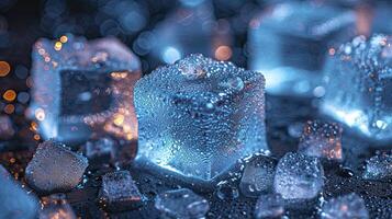 ai généré fermer vue pétillant la glace cubes sur le table photo