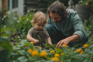 ai généré une enfant et leur père engagé dans le durable entraine toi de jardinage dans leur posséder cour, symbolisant le valeurs de aimer, famille, et environnement intendance. photo
