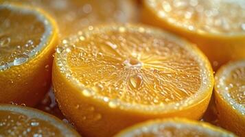ai généré pile de citron tranches avec Frais l'eau gouttes. photo