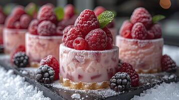 ai généré sucré gâteau dessert servi froid. sucré gâteau et fruit dessert Contexte. photo