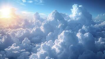 ai généré image une ciel décoré avec blanc, duveteux cumulus des nuages, création une Regardez plein de chaleur et ombre. photo