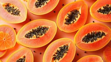 ai généré tranches de papaye, une Créatif disposition à surligner le des fruits fraîcheur et délice, direct Haut voir. photo