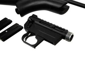 petit calibre boulon fusil dans une Plastique Stock de .22lr. petit rayé arme pour chasse et des sports. isoler sur une blanc dos. photo