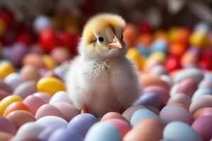 ai généré mignonne Pâques poulet avec des œufs. ai généré photo