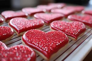 ai généré rouge cœur en forme de la Saint-Valentin journée sucre biscuits photo