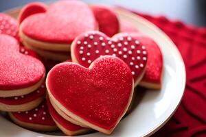 ai généré rouge cœur en forme de la Saint-Valentin journée sucre biscuits photo