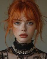 ai généré fille avec rouge cheveux et cristal cou collier photo