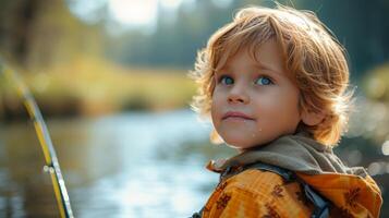 ai généré une enfant stupéfaction à contagieux leur premier poisson, une mélanger de fierté et admiration dans leur yeux photo