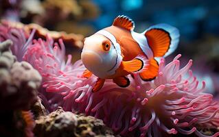 ai généré pitre poisson et corail récif a trouvé dans une magnifique anémone habite dans océan et Profond bleu mer photo