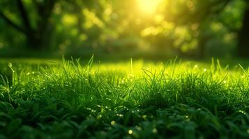 ai généré magnifique proche uo de herbe champ sur printemps saison, fraîcheur, Jaune vert Couleur sur flou naural Contexte. photo