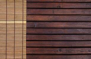 bambou tapis pour Sushi sur en bois Contexte. Haut vue avec copie espace photo