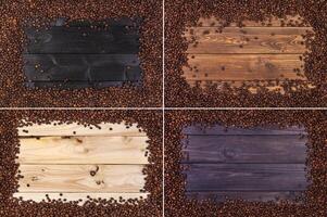 4 cadres de café des haricots sur en bois tableau, Haut vue avec copie espace photo