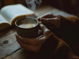 ai généré Jeune femme prend une Pause en buvant chaud café avec fumée après en train de lire ou en train d'étudier sur une en bois tableau. sélectif concentrer sur tasse photo