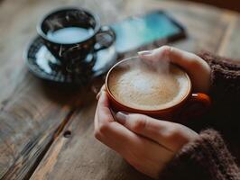 ai généré Jeune femme prend une Pause en buvant chaud café avec fumée après en train d'étudier ou travail sur une en bois tableau. sélectif concentrer sur tasse photo