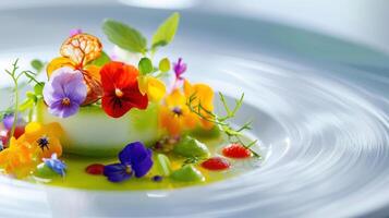 ai généré une blanc assiette avec une coloré fleur arrangement photo