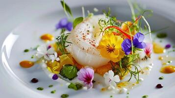 ai généré une blanc assiette avec une coloré fleur arrangement photo