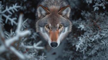 ai généré gratuit photo de une Loup dans une forêt pendant hiver à la recherche à le caméra