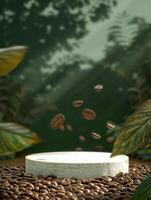 ai généré gratuit photo de une produit podium séance sur une champ de café des haricots avec vert feuilles et les plantes dans le Contexte