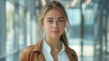 ai généré élégant Jeune femme dans Urbain l'automne photo