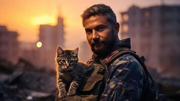 ai généré portrait de une militaire homme en portant une chaton photo