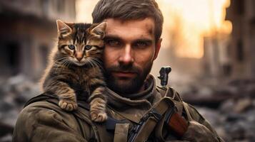 ai généré portrait de une militaire homme avec une pistolet en portant une chaton photo