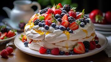 ai généré une entier Pavlova gâteau garni avec fouetté crème, couronné avec Frais baies et une saupoudrer de en poudre sucre, mis sur une gâteau rester, mi-angle coup photo