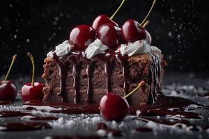 ai généré noir forêt gâteau tranche avec juteux cerises sur céramique plaque, fermer coup photo