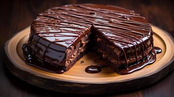 ai généré sachertorte gâteau avec brillant Chocolat glaçage servi sur une en bois conseil, aérien coup photo