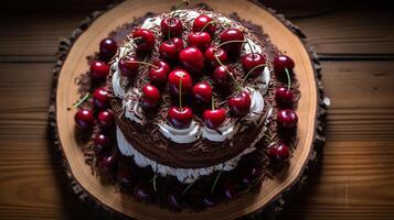 ai généré une entier noir forêt gâteau surmonté avec Frais cerises et Chocolat copeaux sur une rustique en bois tableau, aérien coup photo