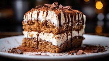 ai généré une tiramisu gâteau tranche avec couches de mascarpone crème et Chocolat copeaux sur une blanc plaque, mi-angle coup photo