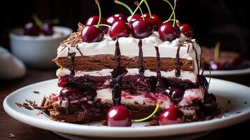 ai généré une tranche de noir forêt gâteau avec Chocolat copeaux, fouetté crème, et remplissage Cerise confiture sur blanc plaque, fermer coup photo