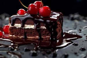 ai généré tranche de noir forêt gâteau avec Chocolat Cerise combinaison contre une foncé arrière-plan, macro coup photo