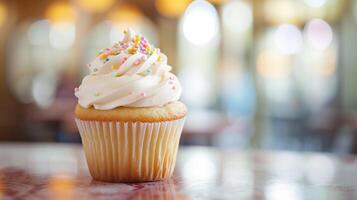 ai généré petit gâteau sur le table dans café magasin avec bokeh Contexte photo