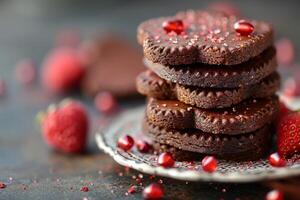 ai généré cœur Chocolat biscuits en volant dans le air professionnel La publicité nourriture la photographie photo