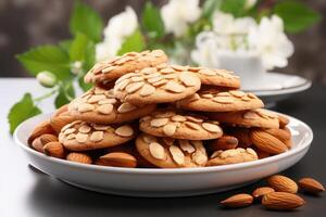 ai généré sucré amande biscuits sur le table professionnel La publicité nourriture la photographie photo