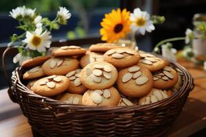 ai généré sucré amande biscuits sur le table professionnel La publicité nourriture la photographie photo