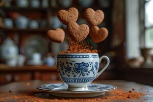 ai généré cœur Chocolat biscuits en volant dans le air professionnel La publicité nourriture la photographie photo