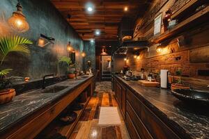 ai généré moderne cuisine conception avec en bois sol intérieur professionnel La publicité la photographie photo