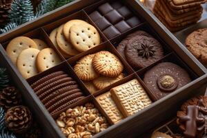 ai généré une grand cadeau boîte rempli avec une variété de des chocolats et biscuits professionnel La publicité nourriture la photographie photo