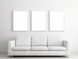 ai généré Trois blanc Cadre mur impressions pendre sur minimal blanc pièce avec blanc canapé, nettoyer et minimal pièce intérieur photo