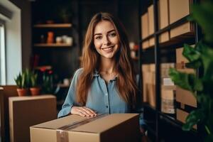 ai généré content souriant fille porter papier carton boîte avec affaires, Jeune femme en mouvement à dortoir, Nouveau appartement. photo