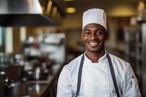 ai généré portrait de Afro-américain chef dans le cuisine dans une restaurant. photo